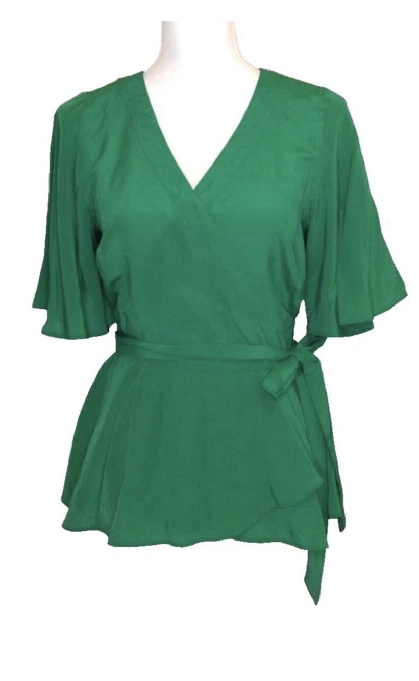 NEW - Loft Wrap Blouse Kelly Green Flutter Sleeve Boho Romantic V-neck Sz Small